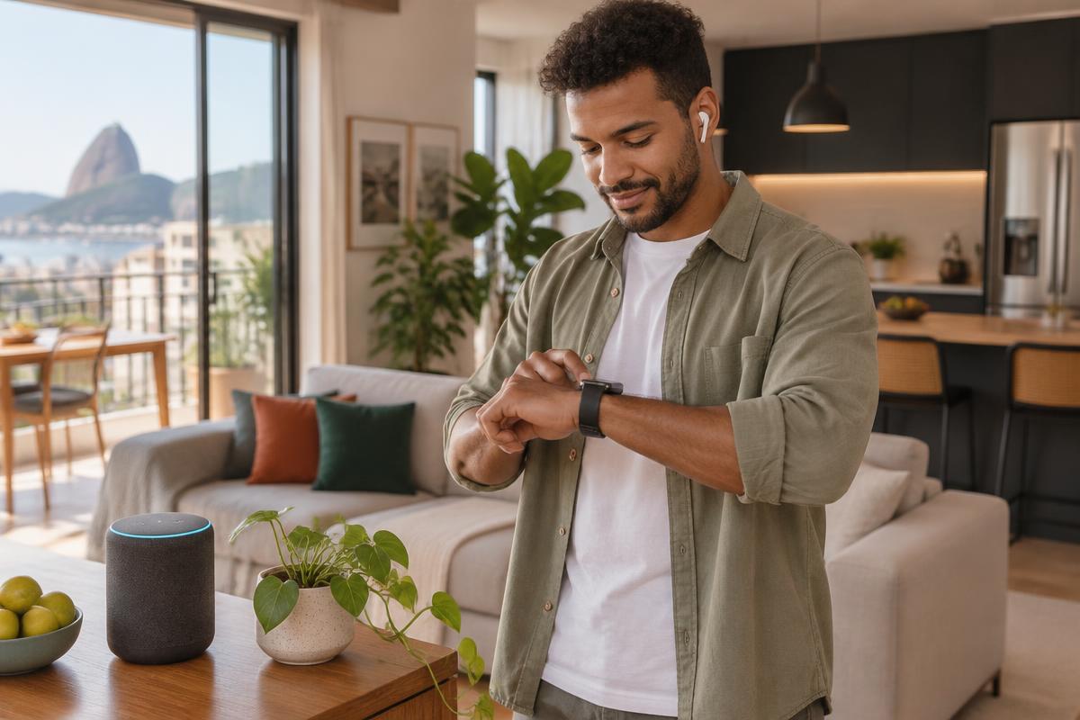 Pessoa usando smartwatch em uma casa conectada
